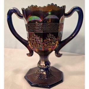 Vintage Fenton Amethyst Carnival Glass Double Handle Footed Vase
